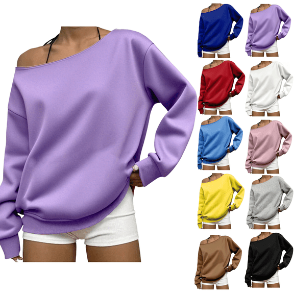 Women’s Casual Off Shoulder Sweatshirt Long Sleeve Loose Solid Long Sleeve Lightweight Tops Y2k Pullovers