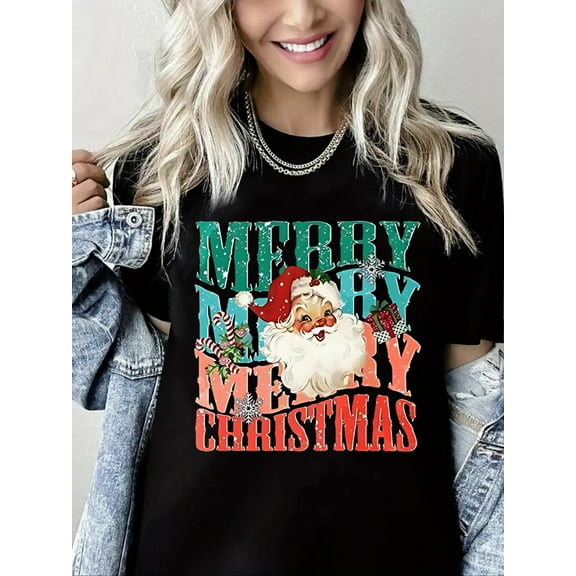 Woman Christmas Shirt Santa Graphic T-Shirt Pure Cotton Casual Short Sleeve Black Top