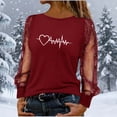 thumbnail image 5 of CheerKidz Women Sheer Mesh Sleeve Top With Paw Print Heartbeat Graphic Casual Comfortable Long Sleeve Round Neck Blouse Fashion Daily Wear T Shirt for Ladies(Red,L), 5 of 7
