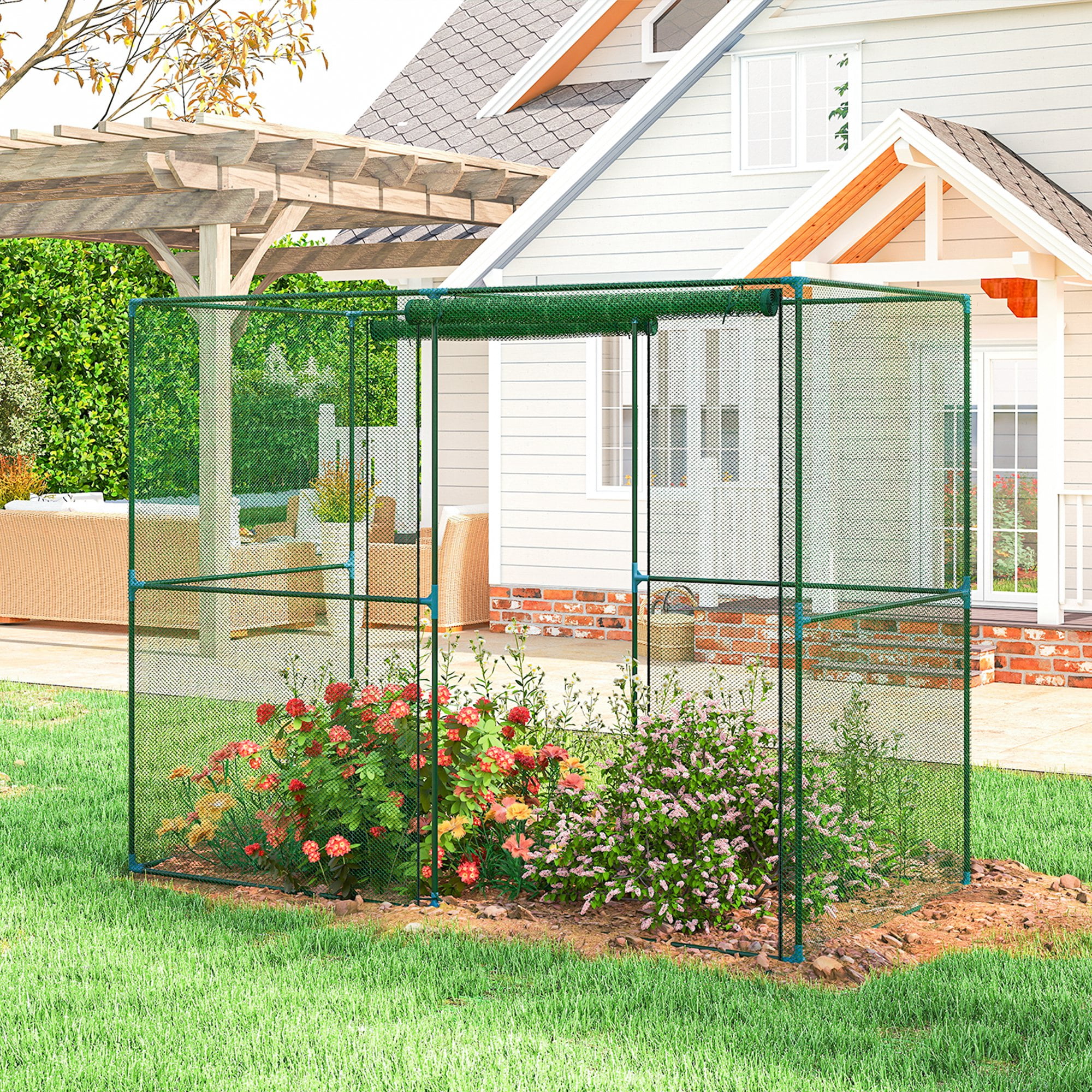 Outsunny 7.9' x 3.9' x 6.1' Walk-in Crop Cage, Garden Plant Protectors from Animals with Roll-Up Zippered Door for Garden, Yard, Lawn, Green