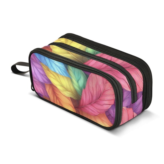FORMRS Pencil Case with 3 Compartments Zipper Pouch, Elementary School Level and up, Vibrant Leaves Pattern
