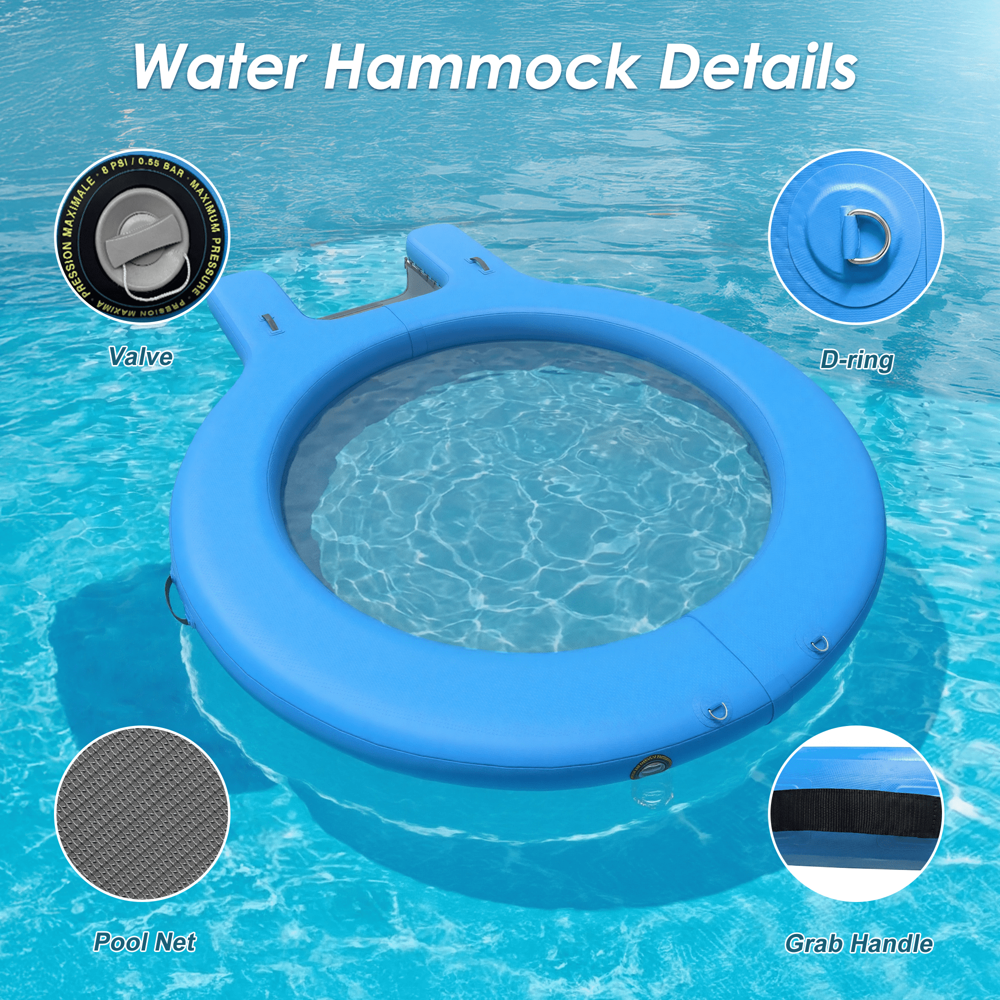 8 FT Water Hammock Inflatable Sunchill Float Ring with Dog Boat Ramp, Heavy Duty Floating Dock Pool Hammock Float for Ocean Lake Swimming Pool