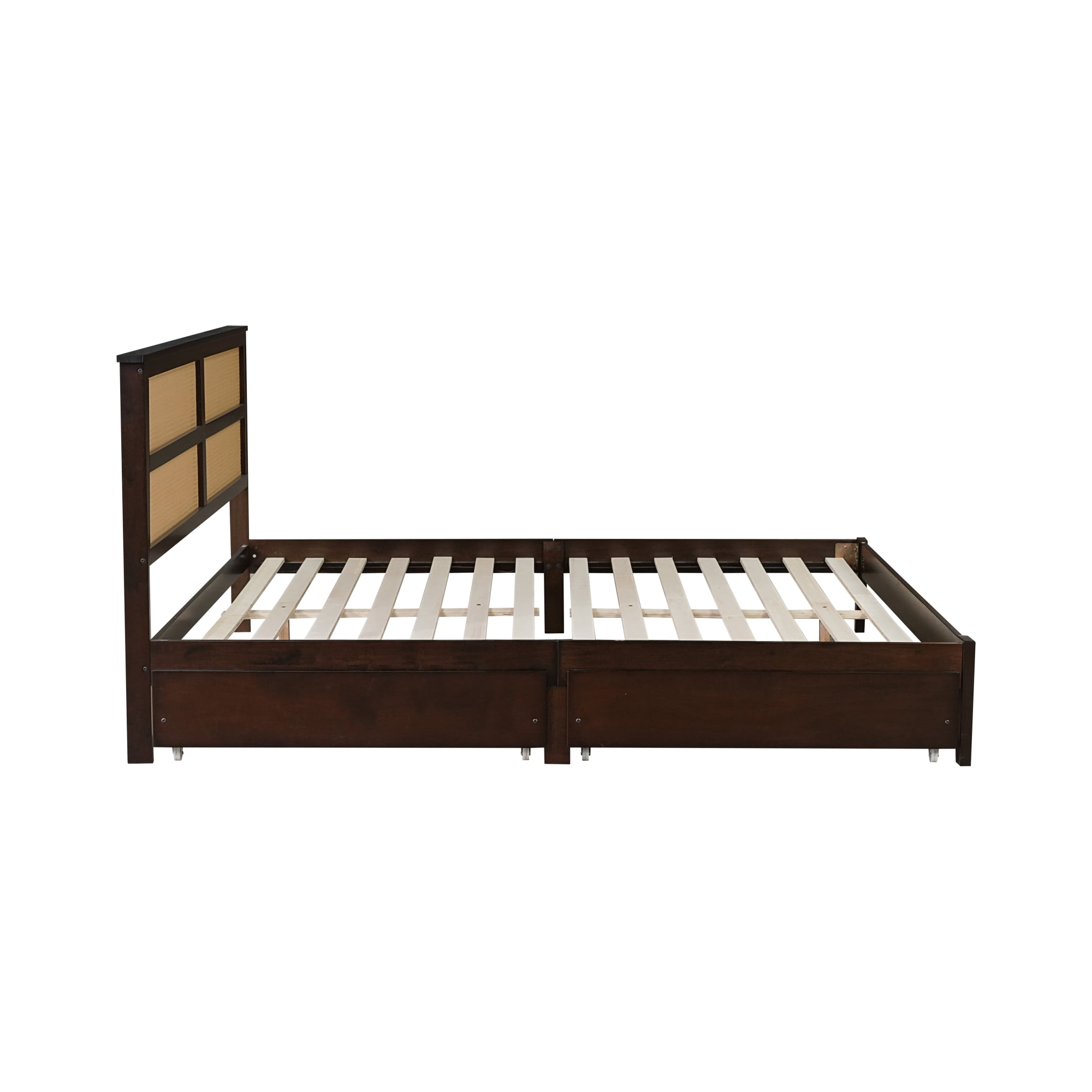 Leumius King Size Bed Frame with Rattan Headboard, Two Storage Drawers, Rubber Wood Bed with Enhanced Support Slats and Feet for Teens and Adults Espresso