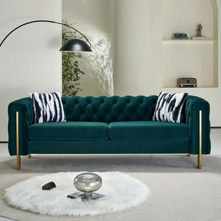 EVERGRATE FURNITURE Modern Velvet Tufted Sofa with 2 Pillows Green