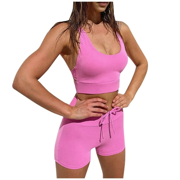 REALiKUN Women Seamless Yoga Outfits 2 Piece Workout Short Sleeve Crop Top with High Waisted Running Shorts Sets Pink XL