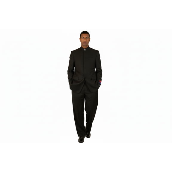 Men Apollo King Band Collarless suit Mandarin 5 Hidden Button Paster AG51 Black