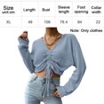 thumbnail image 2 of Jersey de mujer Prendas de punto recortadas acanaladas Top corto de punto fruncido con cordón Cuello en V sólido (azul), 2 of 5
