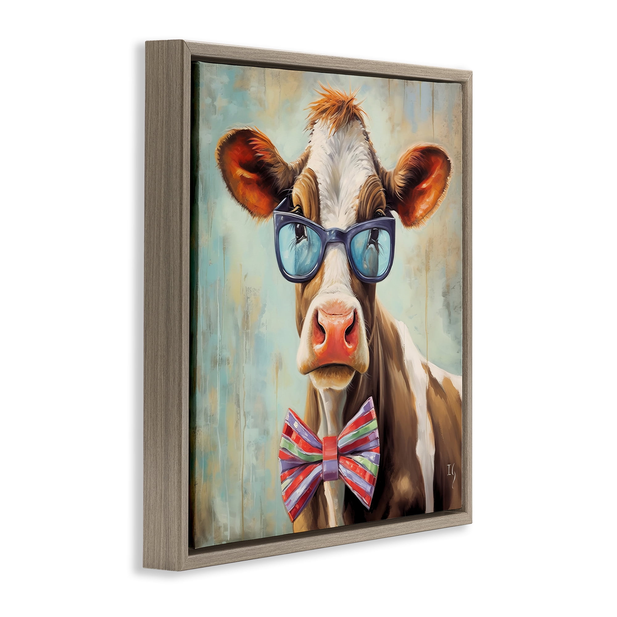 Stupell Industries Hipster Cow with Bowtie Animals & Insects Painting Brown Floater Framed Canvas Art Print Wall Art, 18 x 18