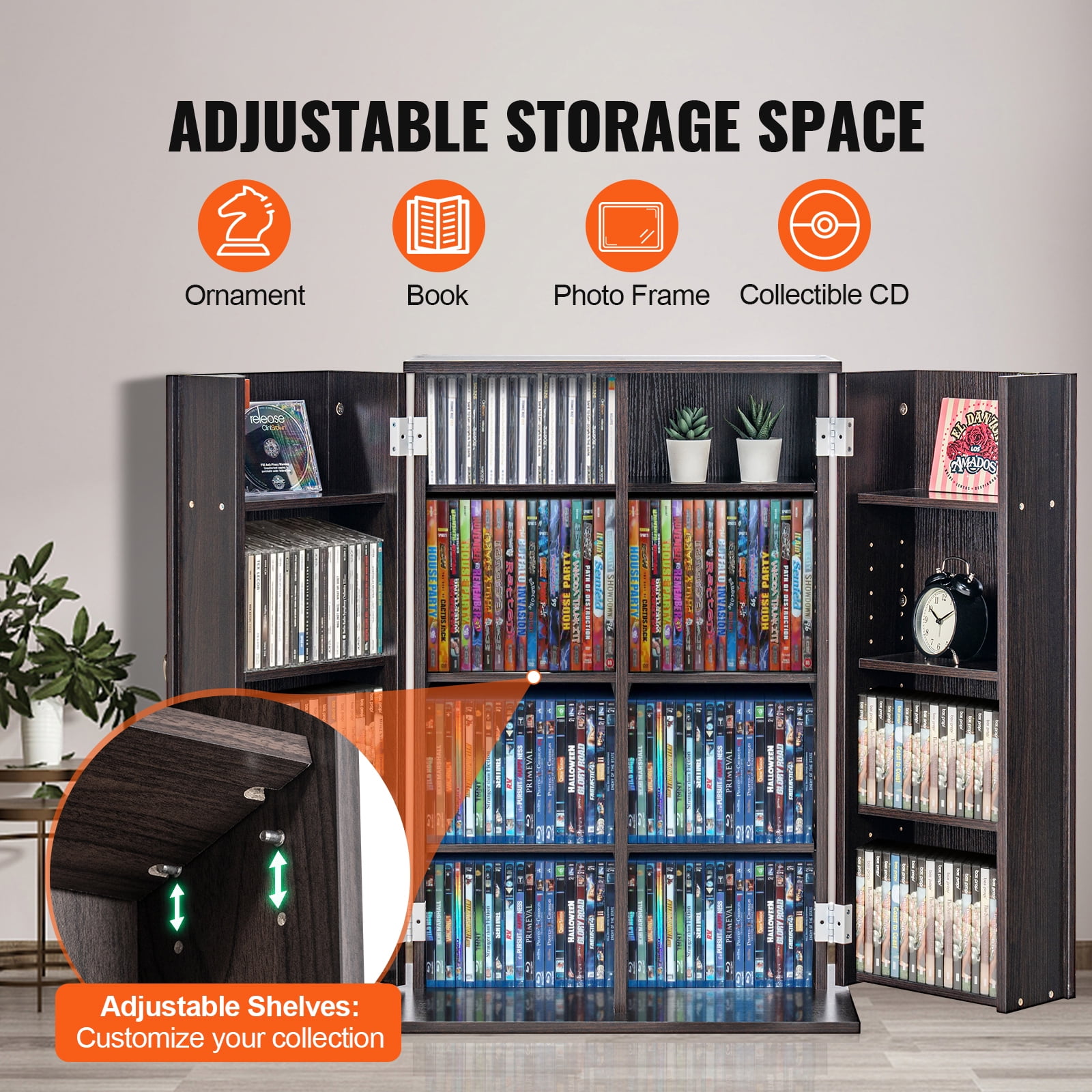 KFFKFF Media Storage Cabinet 4 Layers Adjustable DVD Shelves 576