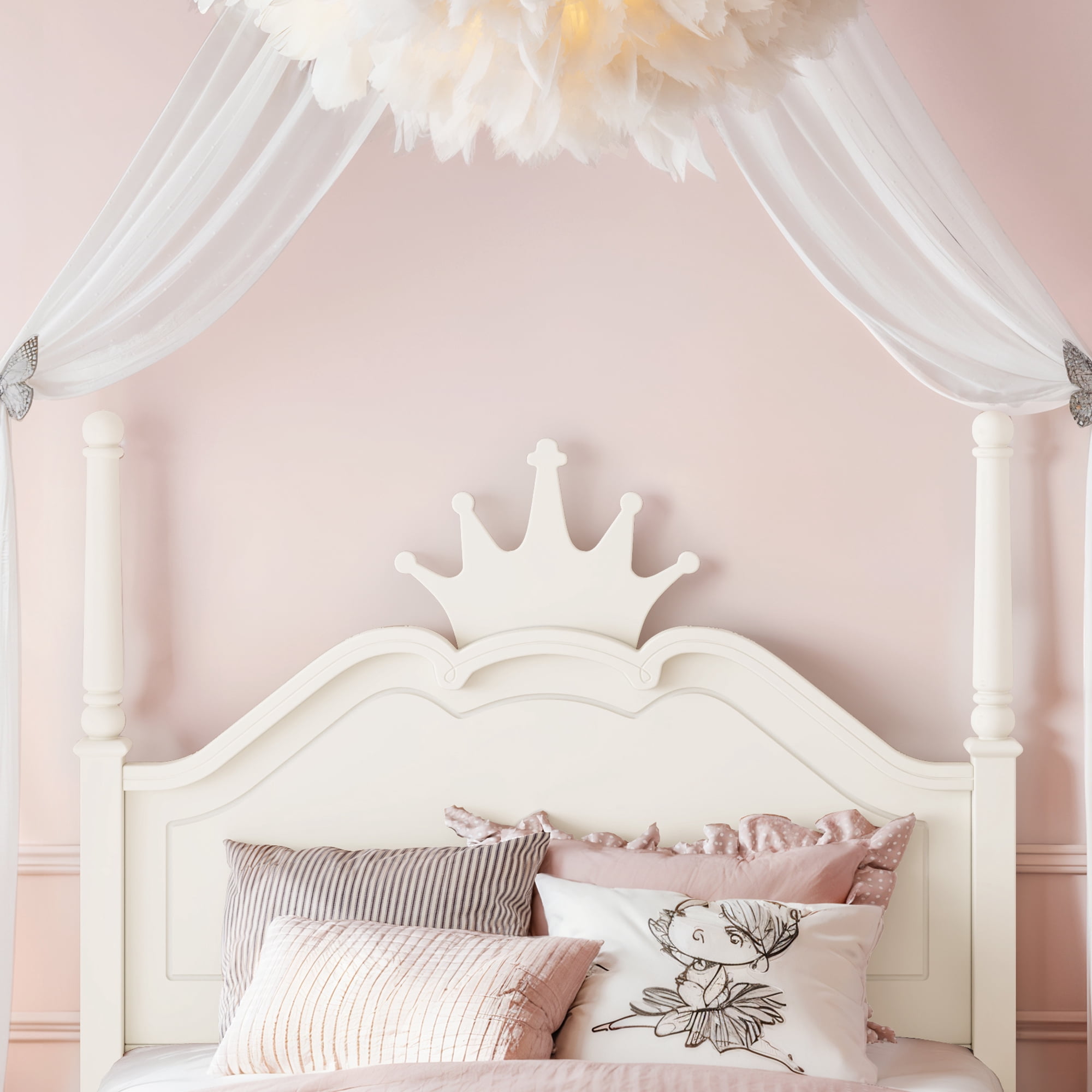 GARITIN Full Size Crown Shaped Platform Bed, Four Poster Wooden Bed Frame, Elegant Curved Headboard Bed Frame for Bedroom Guest Room, Beige