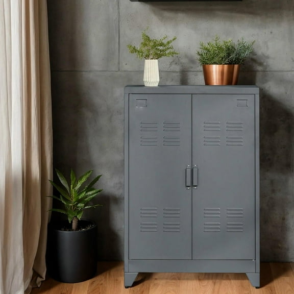 Resenkos Industrial Steel Storage Cabinet - Garage Cabinet with Double Doors & Adjustable Shelves, Gray
