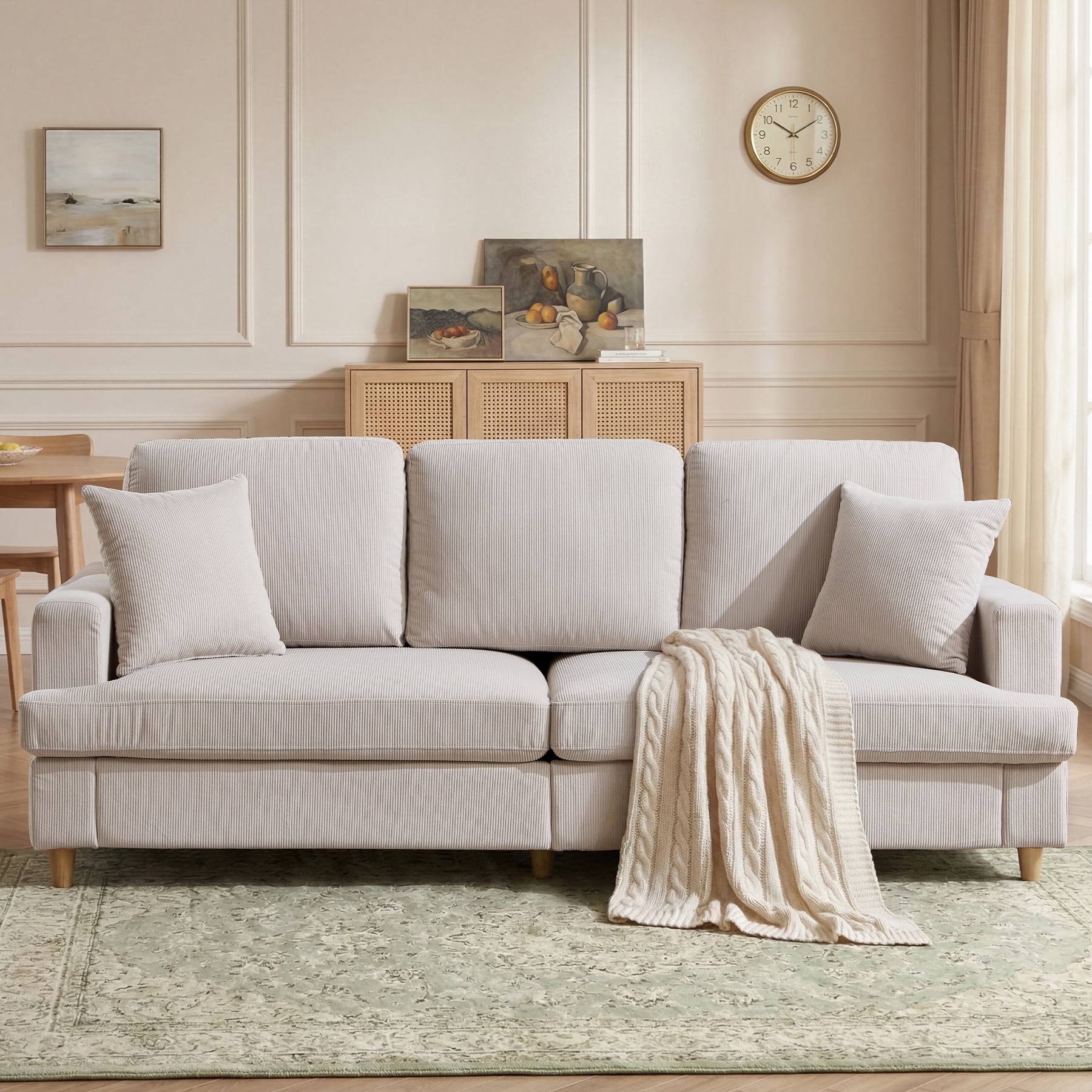 Ebello 87" 3-Seater Corduroy Sofa, Deep Seat with Plush Cushions, 2 Throw Pillows and Thick Backrest Couch for Living Room Bedroom Apartment, Beige