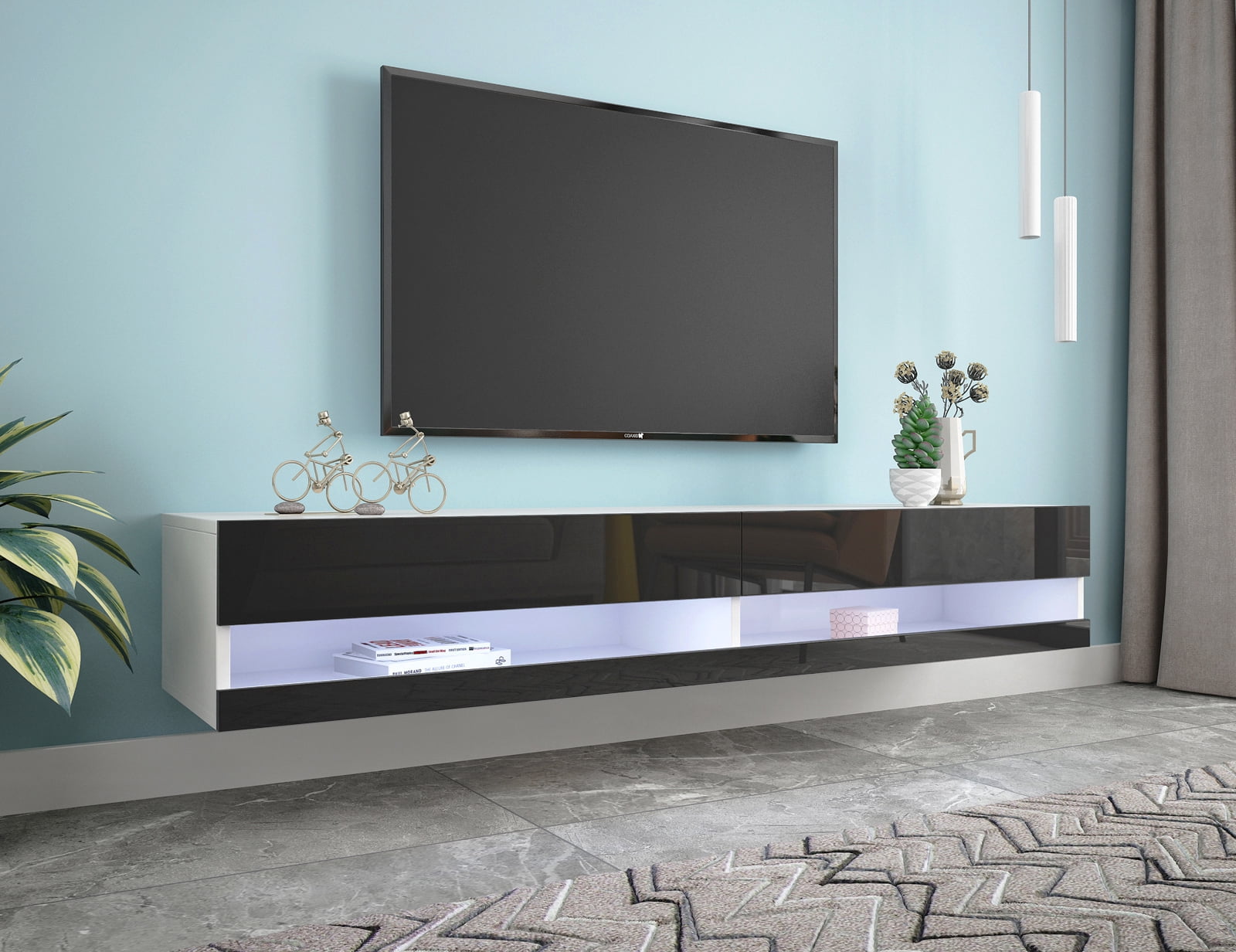 Flusha Floating Tv Stand With Led Lights Wall Mounted Tv Stand High Gloss Modern Floating Entertainment Shelf Media Floating Console Storage Desk For Up To 80 Inch Tv White And Black