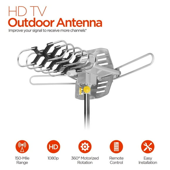 Outdoor TV Antenna 150 Miles Amplified Digital HDTV Antenna with 360°Rotation Wireless Remote Control