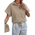 thumbnail image 4 of HUBERY Women Single-Breasted Lapel Collar Drawstring Hem Short Sleeve Blouse, 4 of 7