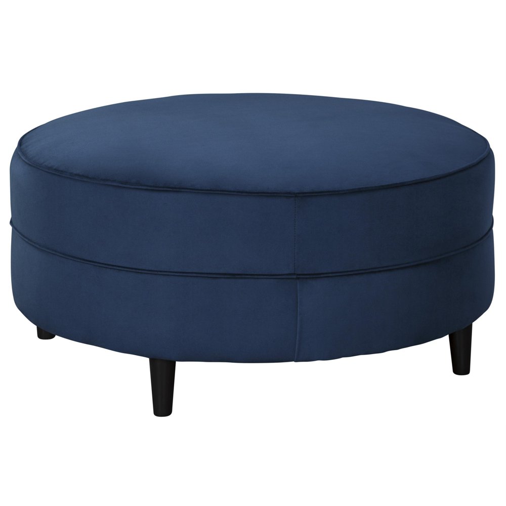 Round Fabric Upholstered Accent Ottoman with Tapered Legs, Blue