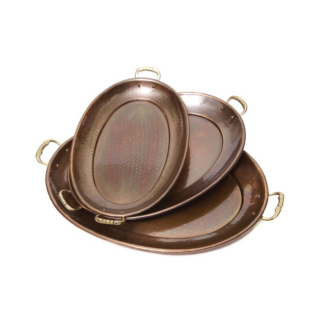 Hammered Décor Antique Copper Oval Trays, 3 Piece Set