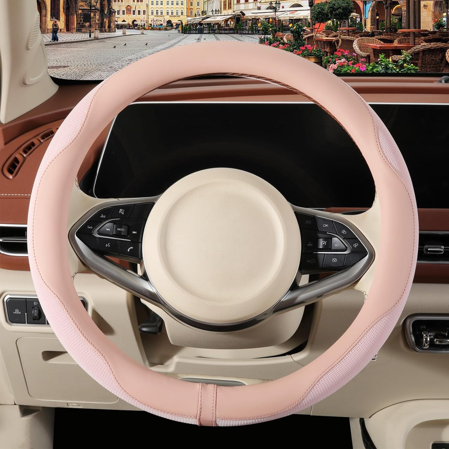 Nappa Leather Blue Steering Wheel Cover, Advanced Microfiber Leather Non-Slip Breathable Fabric, Warm in Winter and Cool in Summer, Universal 15 Inch