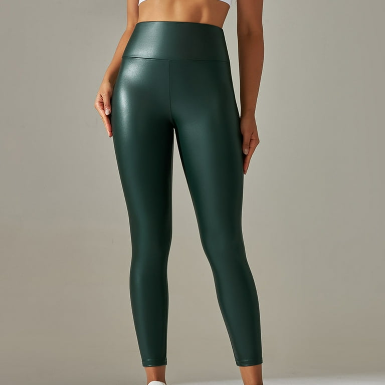 High Waist PU Leather Leggings, Faux Leather Pants for Women Sexy Plus Size  Yoga Stretch Pleather Long Tight Pants (Large, Green) 