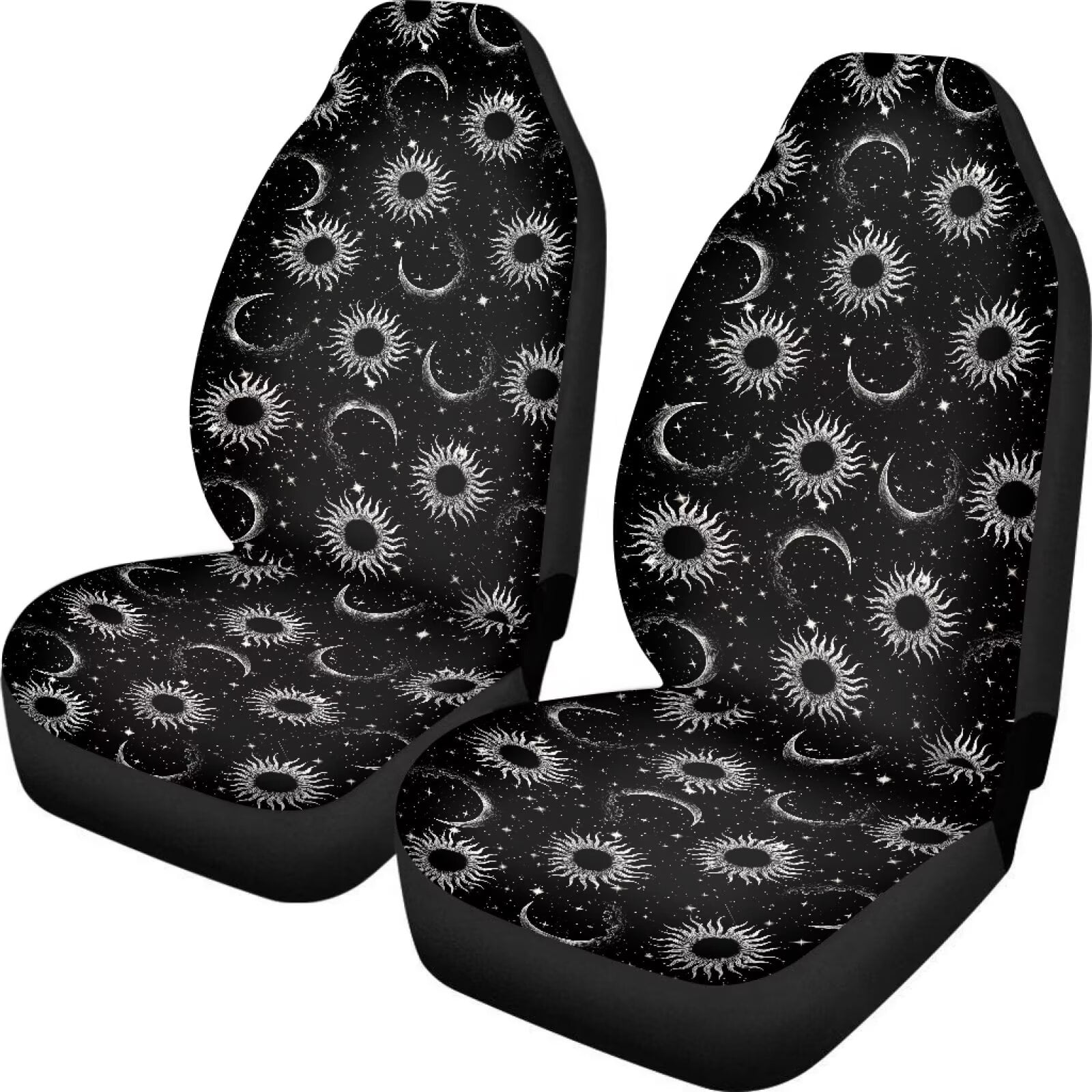 Uourmeti Celestial Moon Sun Star Print 2 Piece Car Seat Covers Front Seats Only Universal Bucket Seat Protector for Suv Van Trucks Black Car Accessories for Women Interior Cute Set