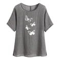 thumbnail image 3 of lcziwo Summer Tunic Tops for Women Lightweight Comfy Cotton Linen Shirts Trendy Butterfly Print Blouses Loose Fit Short Sleeve Tees Mothers Day Gifts Gray XL, 3 of 7