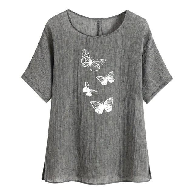 VSSSJ Chemise en Coton et Lin pour Femmes Coupe Ample Imprimé Papillon Col Rond Manches Raglan Blouse d'Été Confortable Gris m