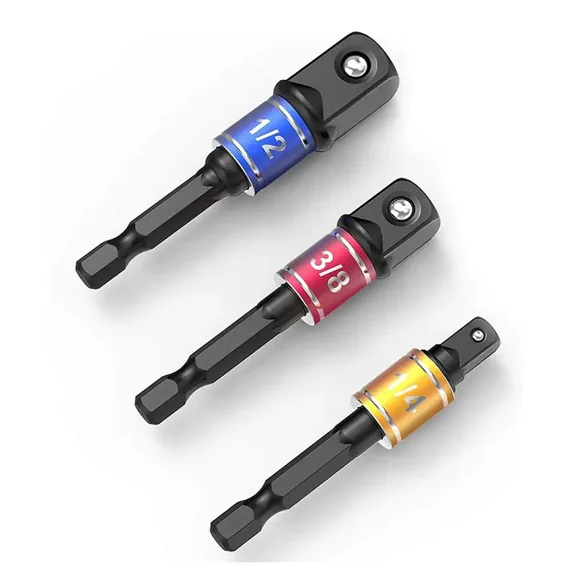 3-Piece Impact Socket Adapter Set, 1/4" Hex Shank Drill to Socket Drive Converter, Cr-V Steel Extension Adapters for Power Drills & Impact Drivers (1/4", 3/8", 1/2")
