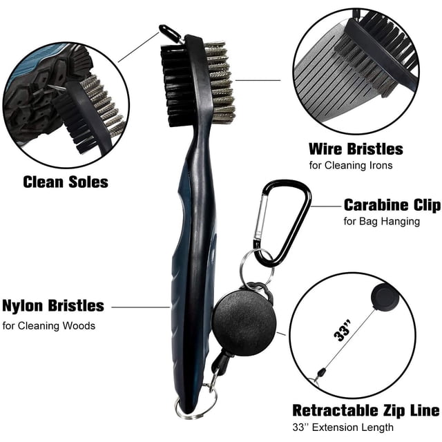 Cepillo para palos de Golf y limpiador de ranuras para palos, mosquetón de aluminio retráctil con cremallera, ligero y elegante, diseño ergonómico