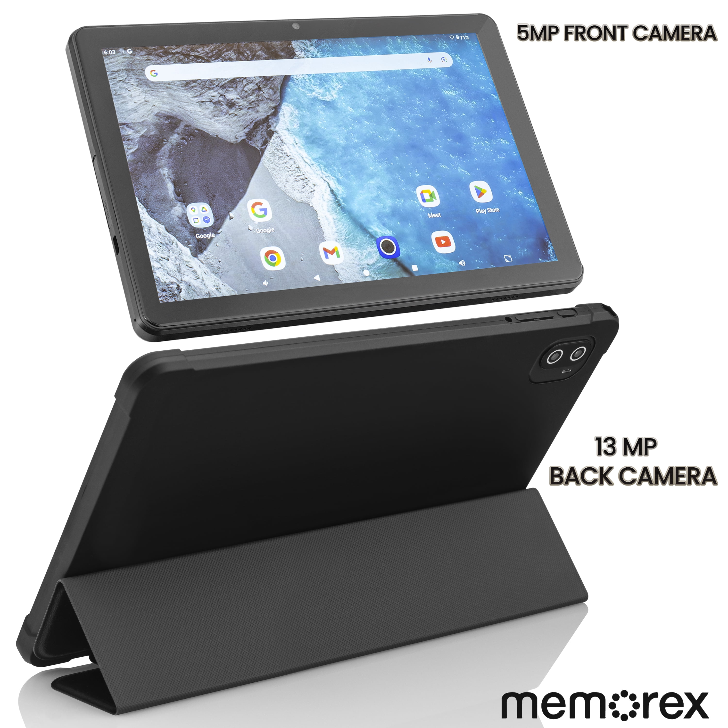 Memorex Bonus 4-in-1 Privacy Bundle - 10.1" HD IPS Android 14 8-Core Tablet, 128GB Storage, 4GB RAM with Bonus Tablet Case & Stand, Braided 10ft USB-C cable & Privacy Screen Protector