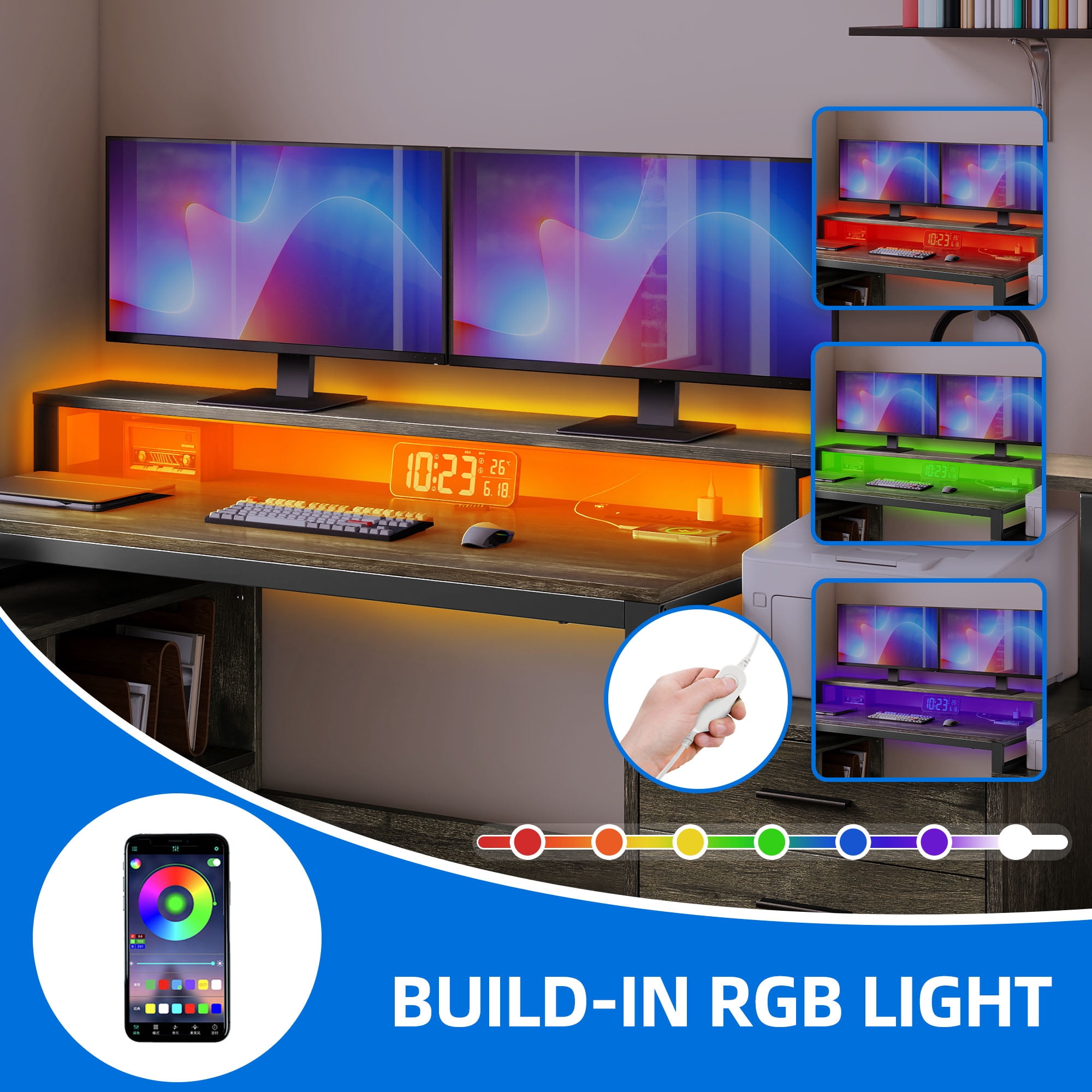 Uforic Computer Desk with LED Light, 65" L Shaped Desk with Shelves &Drawers, Home Office Desk, Gray