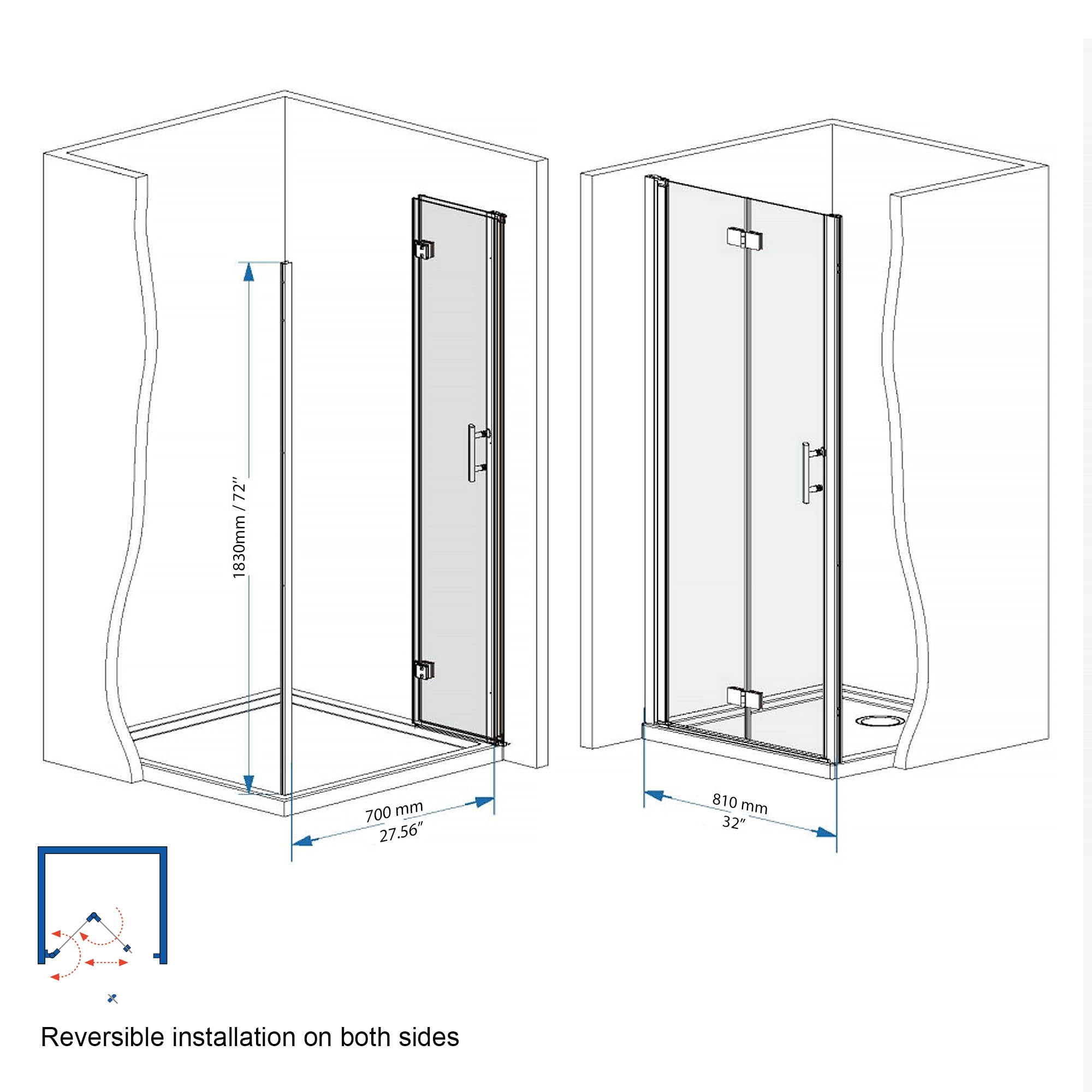 Leumius 32-33" x 72" Bifold Shower Door,Half Frame Shower Door,1/4"(6mm) Tempered Glass with Matte Black Aluminum Frame