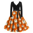 thumbnail image 2 of Women's Halloween Dress Candy 1950s Long Sleeve Fall Dresses Witch Hat Cocktail V-Neck Horror Tea Length Dress with Belt XL, 2 of 5