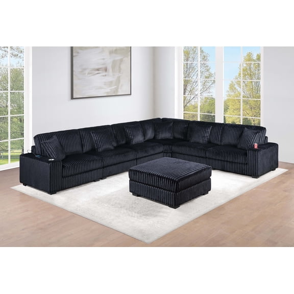 Modern Contemporary 7pc Modular L-Sectional Sofa Set USB Cup Holder Black Corduroy Comfortable Upholstered Couch Living Room Furniture