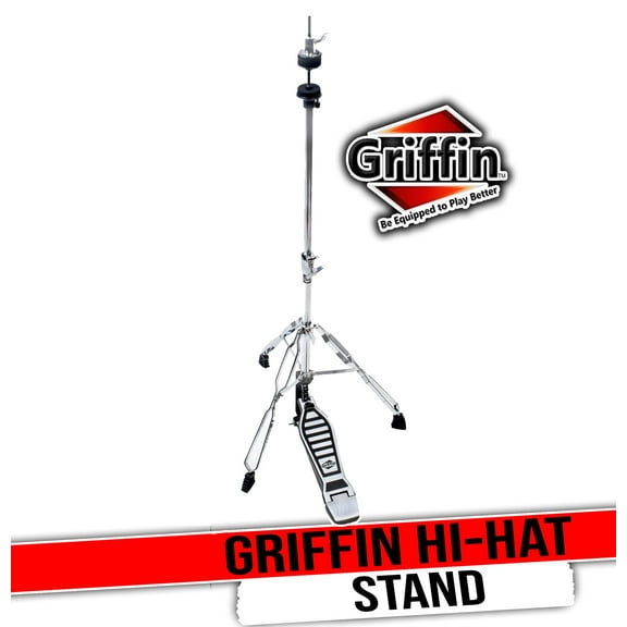 Griffin Hi-Hat Pedal - Hi Hat Cymbal Stand With Drum Key - HiHat Mount with Double Braced Hardware Accessory Set - Adjustable High Hat Holder Ideal for Mobile Percussion Drummers Chrome Finish