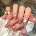 thumbnail image 1 of SHIBA-24-PCS White Pearl Press on Nails Medium Fake Nails Rhinestone Fake Nails Three-dimensional Love Pattern False Nails Gold Lines Fake Nails Plaid Pattern Fake Nails Glossy False Nails Full Cover, 1 of 4