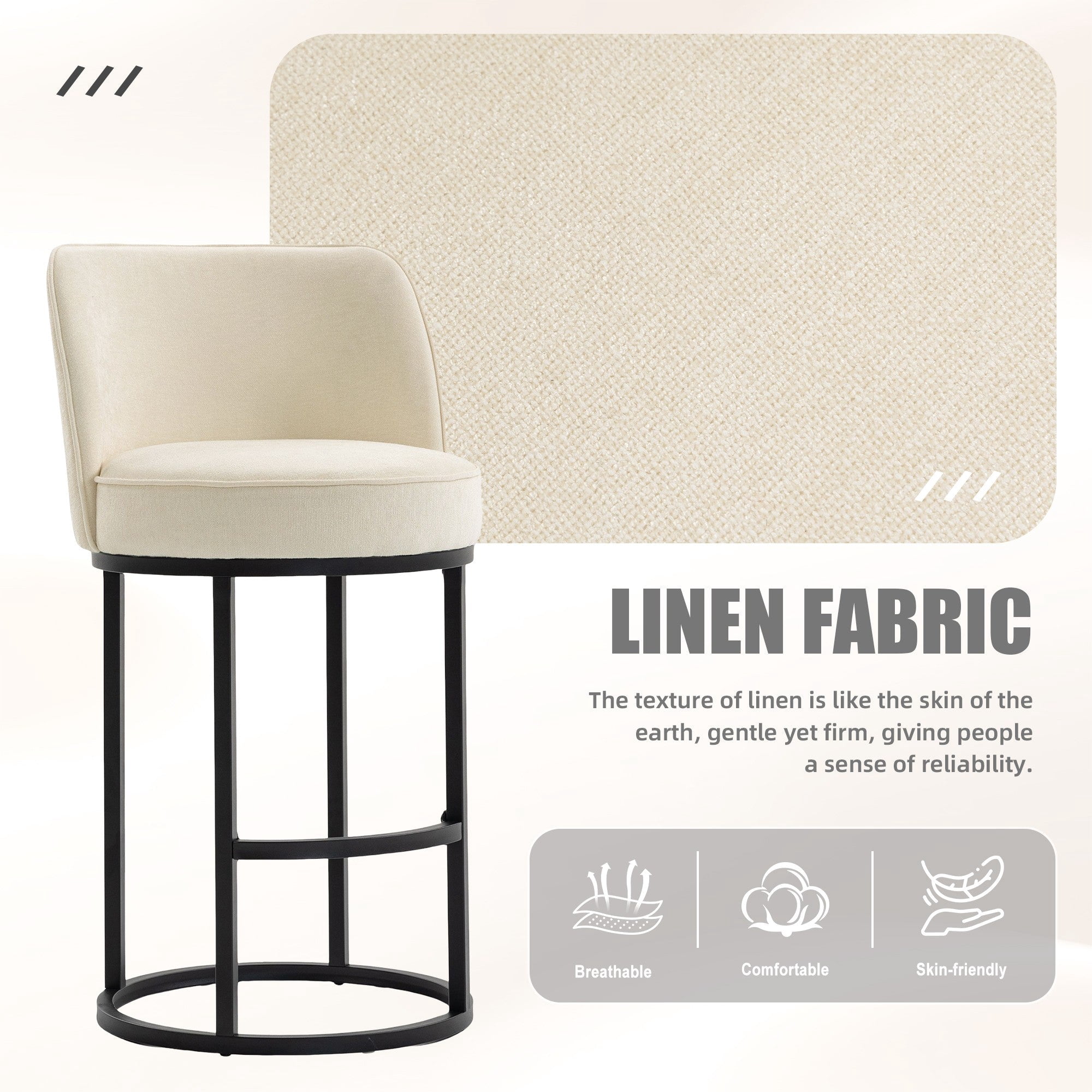 Sailvan Counter Height Bar Stools Set of 2,Modern Upholstered Linen Fabric Kitchen Island Stools with Barrel Backrest & Sturdy Metal Frame Beige