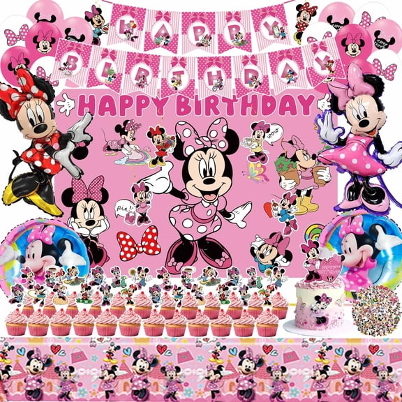 Pink Birthday Party Decorations, Party Supplies Include Happy Birthday Banner Backdrop Balloons Tablecloth Cupcake Cake Toppers Sticker Hanging Swirls, for Cartoon Theme Party C113