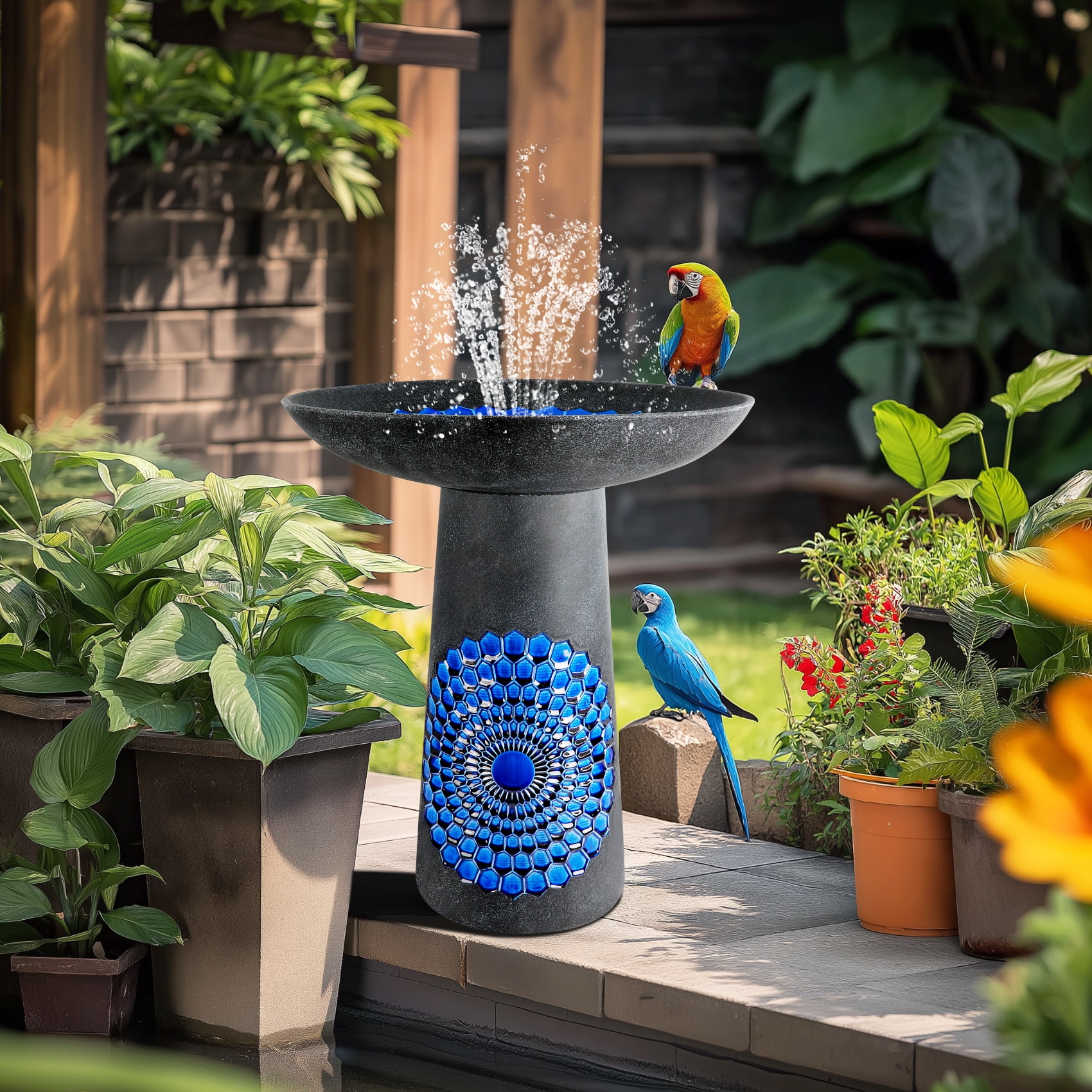 BUYMAX Tall Ceramic Bird Bath for Garden, UV-Resistant, Diamond Blue Grey