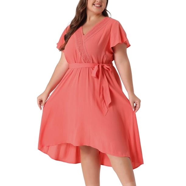 Vestido de verano de talla grande para mujer Agnes Orinda, bohemio, con cuello en V, manga corta, alto-bajo, vestido midi de playa, naranja y rosa, 2X