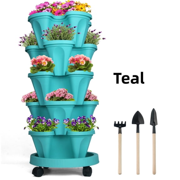StarQualityBargain Vertical Planter 5-Tier Stackable System - Indoor/Outdoor Garden Kit for Strawberries, Herbs, Vegetables (Beginner-Friendly Design), Teal