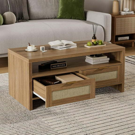 Boho Rattan Coffee Table, 40" Coffee Tables for Living Room, Rectangle Wood Coffee Table, Open Display Shelf and Storage Drawers with Metal Handle, Mid Century Modern Center Table for Living Room