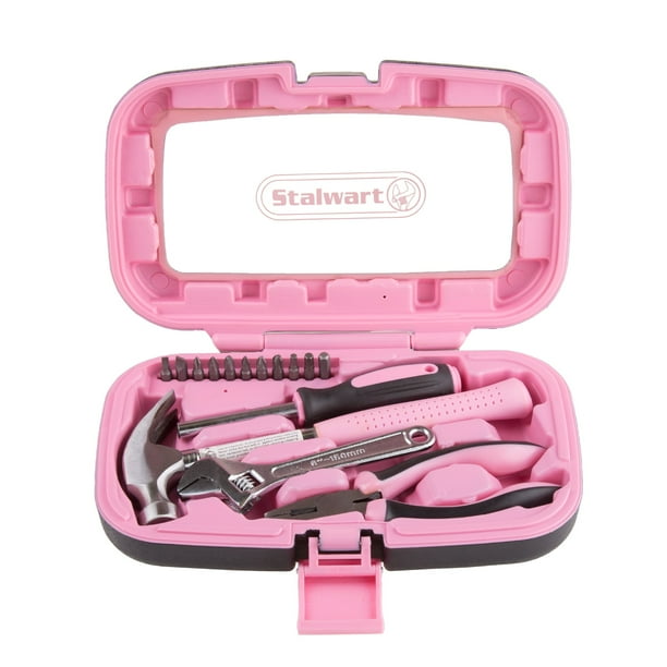 Juego de herramientas Stalwart de 15 piezas para el hogar con funda de transporte, color rosa