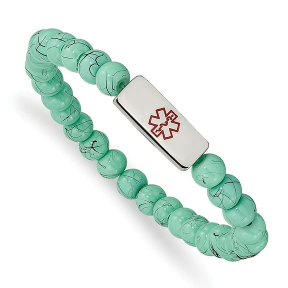 Auriga Stainless Steel Women's with Red Enamel Medical ID Turquoise Glass Beaded Stretch Bracelet