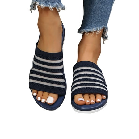 

Crocowalk Ladies Casual Soft Knit Upper Flat Sandals Cozy Beach Fashion Slip On Slide Sandal