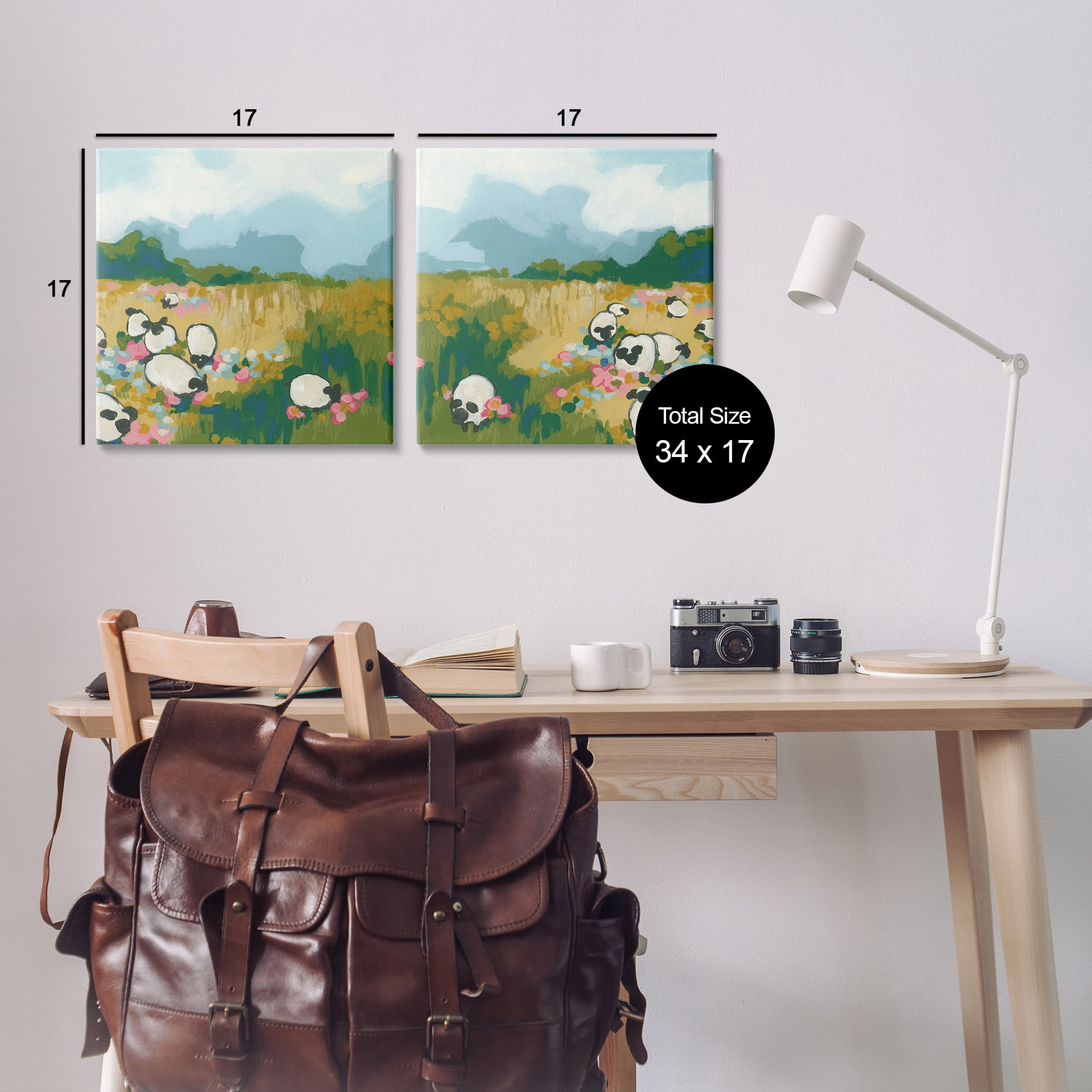 Stupell Industries Scattered Sheep in Field Landscape Painting Gallery Wrapped Canvas Art Print Wall Art, 17 x 17, Set of 2