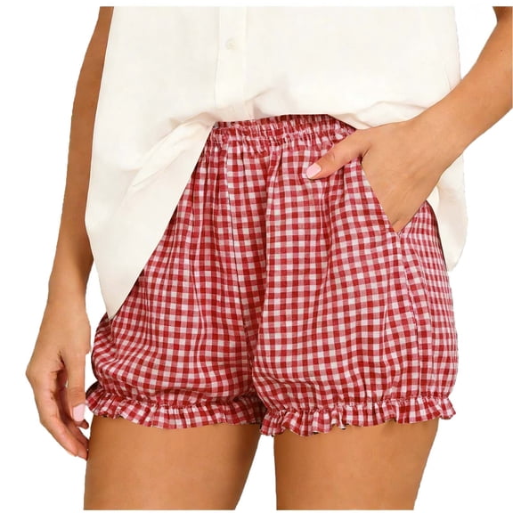 BLVB Women Lounge Plaid Shorts Cute Ruffle Bloomers Elastic Waist Shorts Pajama Bottoms Streetwear with Pockets