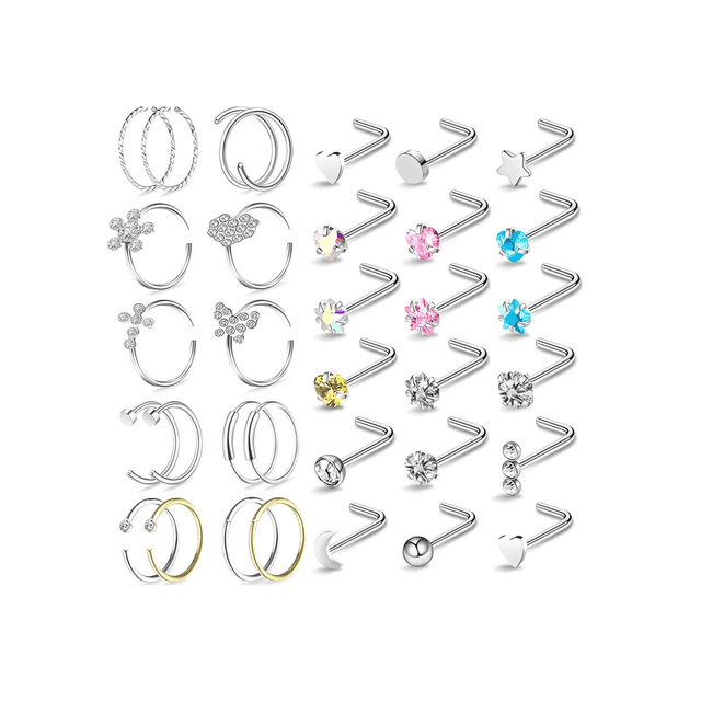 Anillos Nasales Aretes Piercing De Nariz Acero Inoxidable 33 pz Malubero Plateado