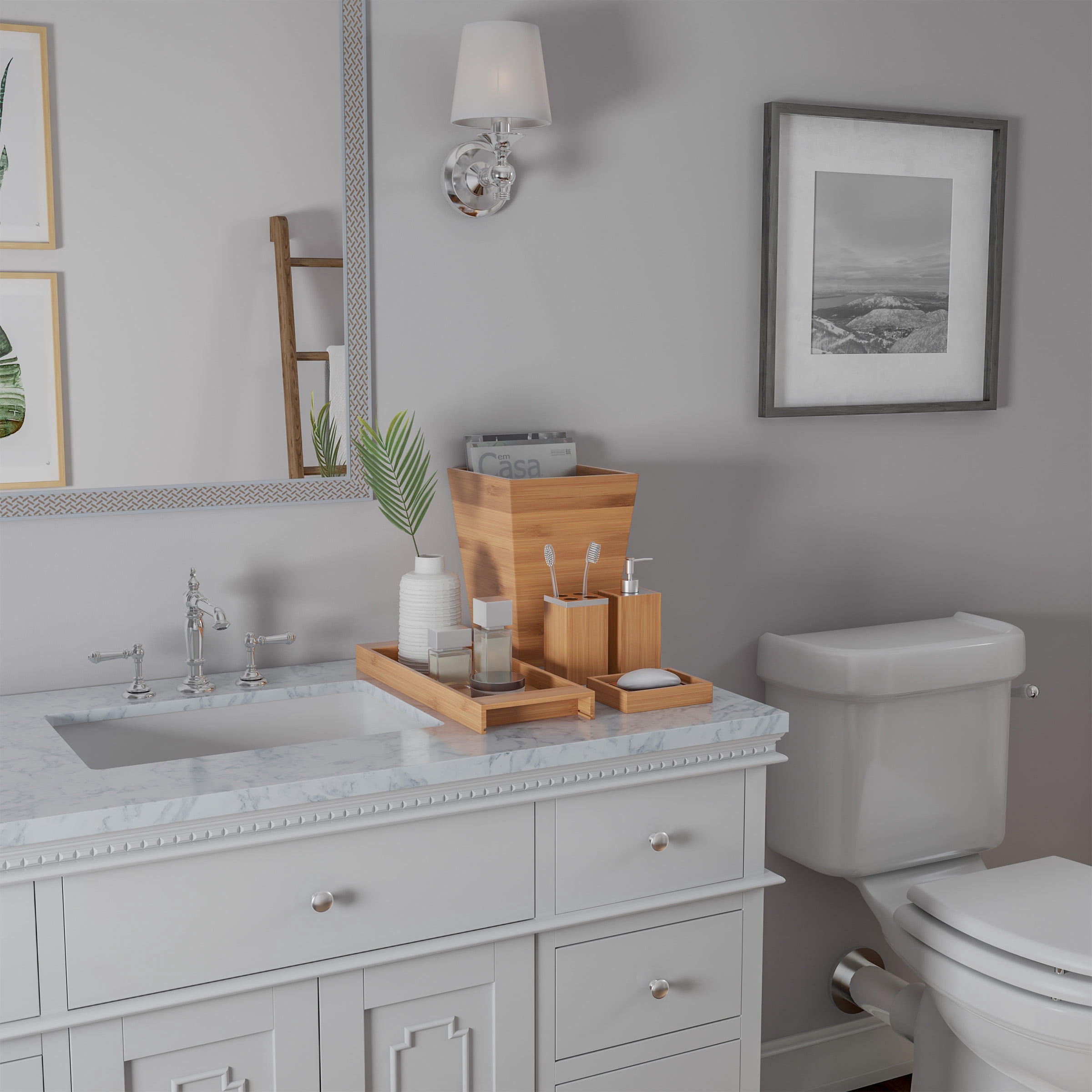 Lavish Home 5-Piece Bathroom Decor Accessory Set with Trash Bin (Natural)