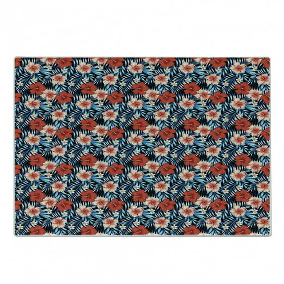 Tropical Cutting Board, Exotic Illustration of Hibiscus and Plumeria Flowers on Dark Background, Decorative Tempered Glass Cutting and Serving Board, in 3 Sizes, by Ambesonne