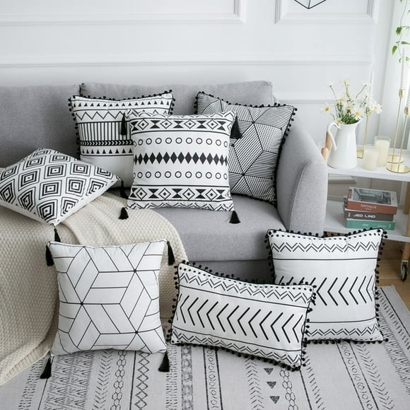 Opolski Simple Geometric Fringe Decorative Cushion Rectangle Tassel Soft Pillow Cover